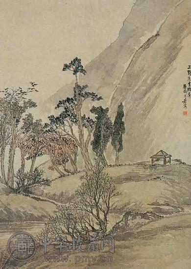 方若 秋林晚亭 立轴 纸本