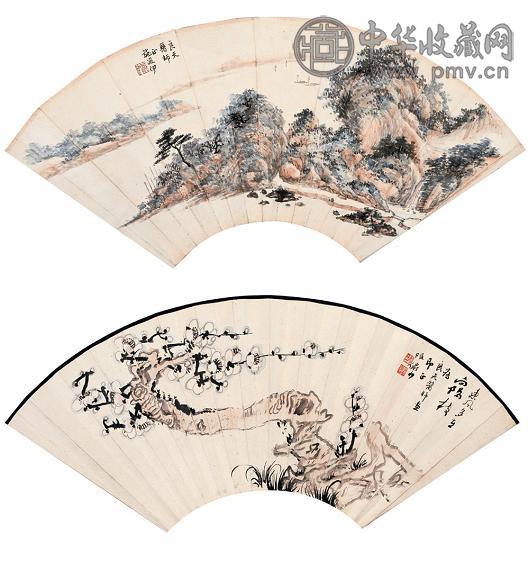 陆俨少 施浚伊 梅花 山水 扇面 设色纸本