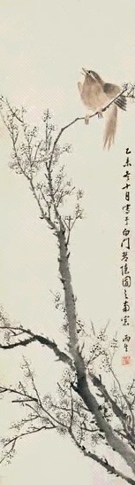 汤雨生 梅雀争春图 立轴 设色纸本