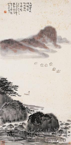 贺天健 1962年作 太湖渔帆 镜心 设色纸本