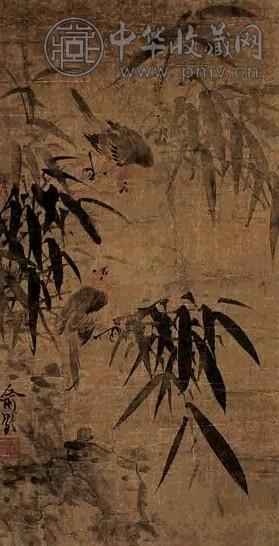 清 俞龄 竹石小鸟 镜心