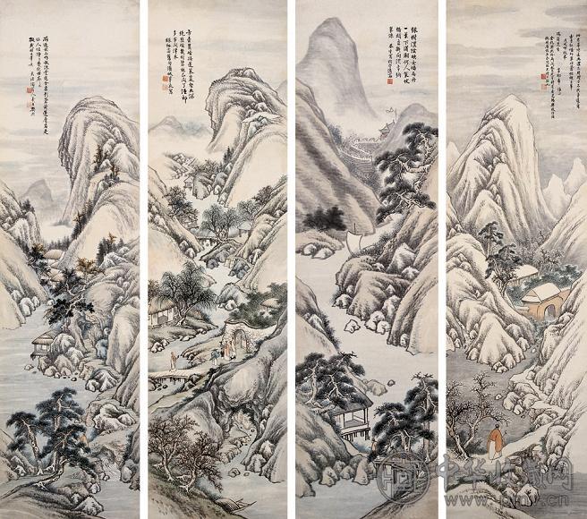 樊熙 山水 四屏 设色纸本