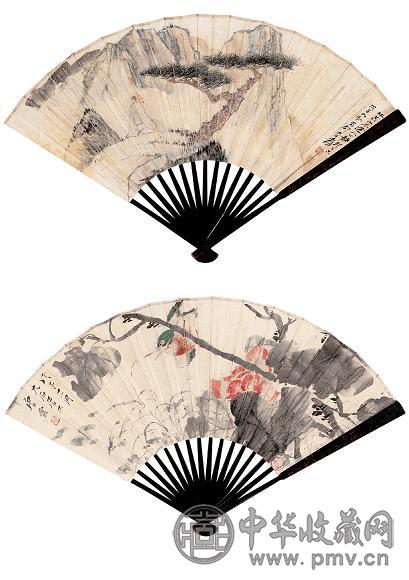 张大千 唐云 1948年作 山水 花鸟 成扇 设色纸本