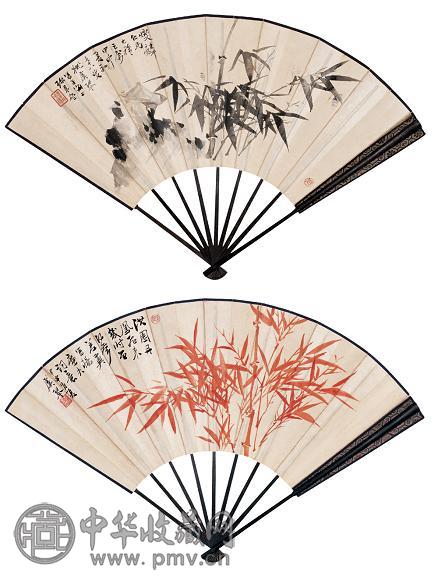 姚虞琴 1944年作 墨竹并朱竹 成扇 设色纸本