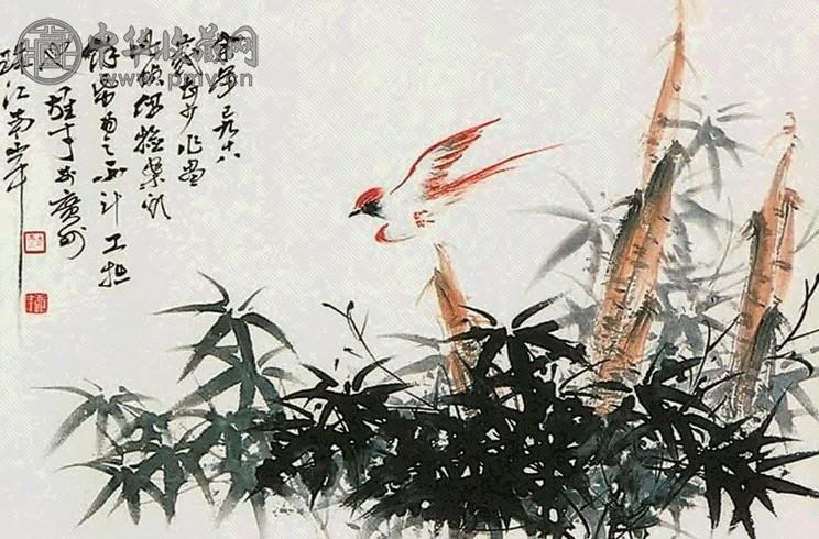 黎雄才 竹鸟 立轴 设色纸本