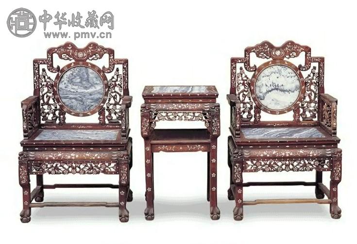 清 红木嵌螺钿理石太师椅、茶几