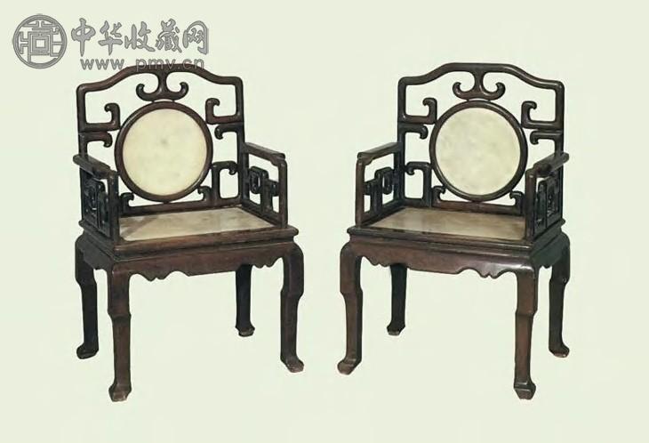 清晚期 红木镶理石面太师椅(1对)