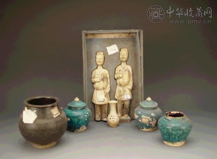 唐 釉陶人物俑及宋磁州窑罐、瓶(2件) 五件