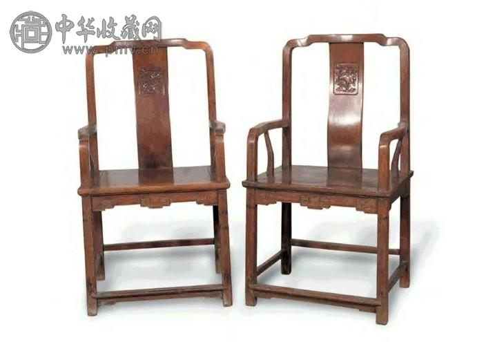 清中晚期 红木雕牡丹南官帽椅(1对)
