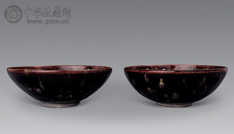 宋 吉州窑黑釉彩斑纹碗(1对)