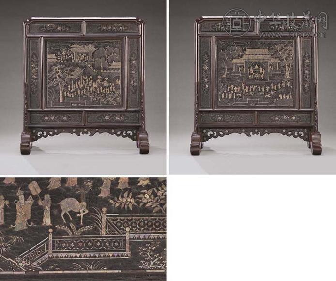 元 黑漆嵌螺钿人物图插屏