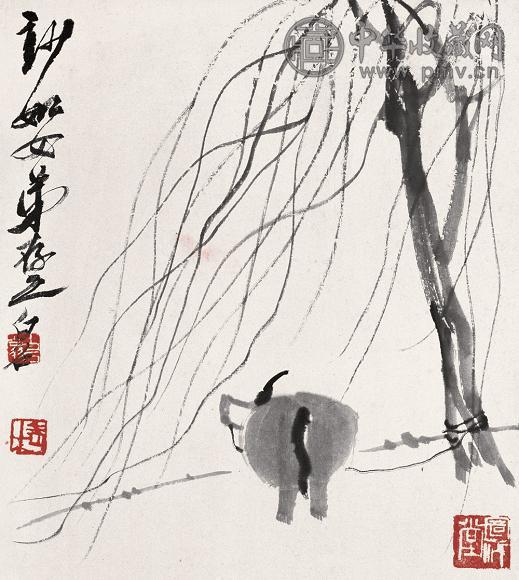 齐白石 柳牛图 镜心 水墨纸本