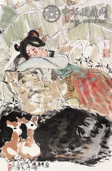 程十发 1985年作 少女与鹿 立轴 设色纸本