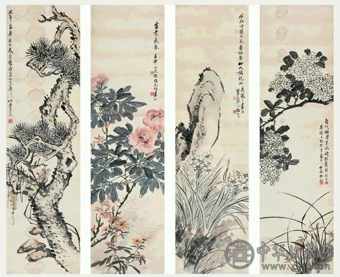 吴徵 1920年作 花卉 四屏 设色纸本