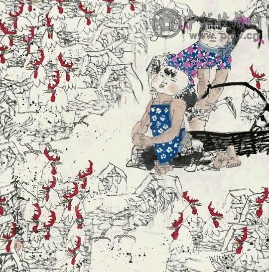 孔维克 养鸡图 镜心 设色纸本