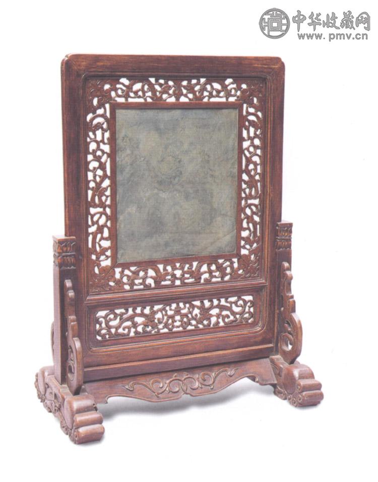 清 黄花梨雕螭龙绿石插屏