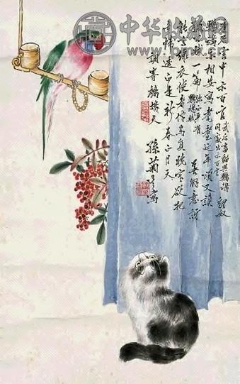 孙菊生 狸奴鹦鹉 立轴 设色纸本
