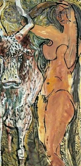 袁运生 1983年作 牛与人 镜心 设色纸本