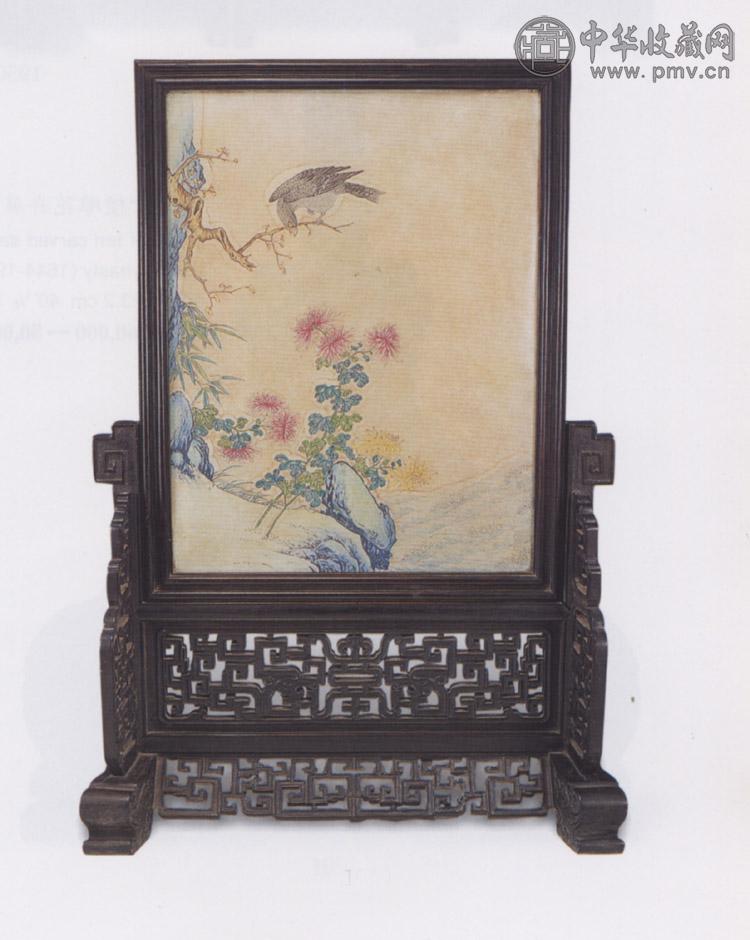 清中期 紫檀石彩绘花鸟插屏