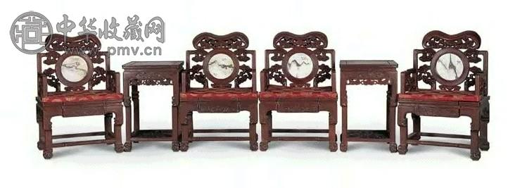 红木镶大理石雕灵芝椅、几(2套6件)
