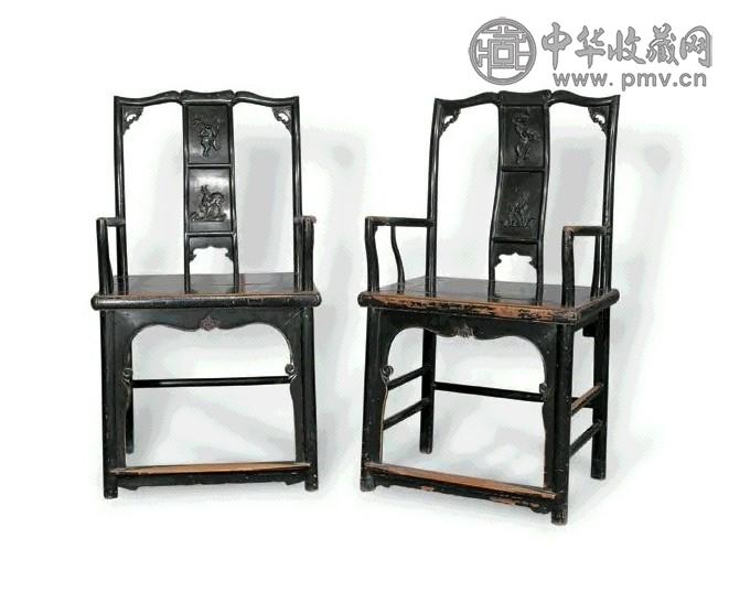 清中期 黑大漆雕刻官帽椅(1对)