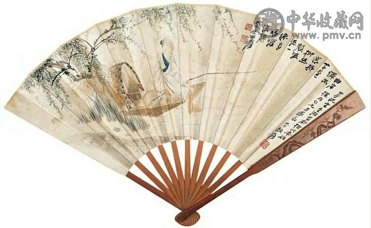 张大千 柳溪高士 成扇 设色纸本