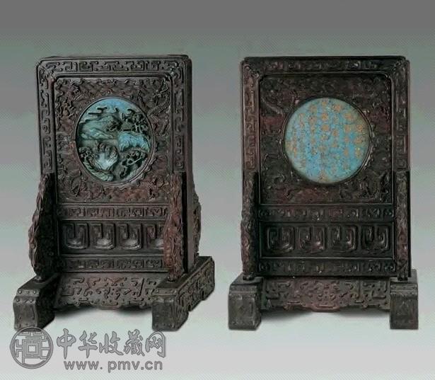 清中期 紫檀嵌松石御制诗文插屏