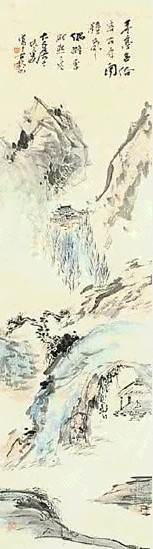 现代 张大千 古寺闻钟图 轴