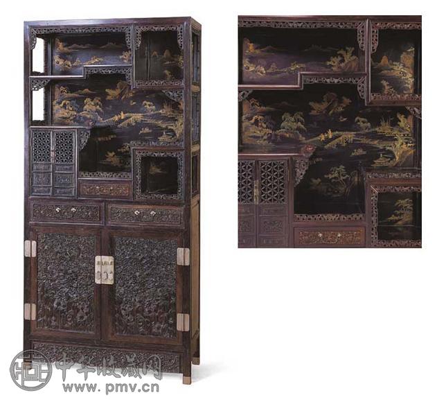 清十八世纪 紫檀金漆山水人物图柜