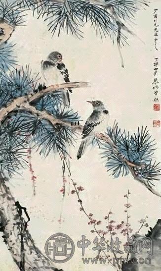 曾熙 1927年作 梅花松鸟图 立轴 设色纸本