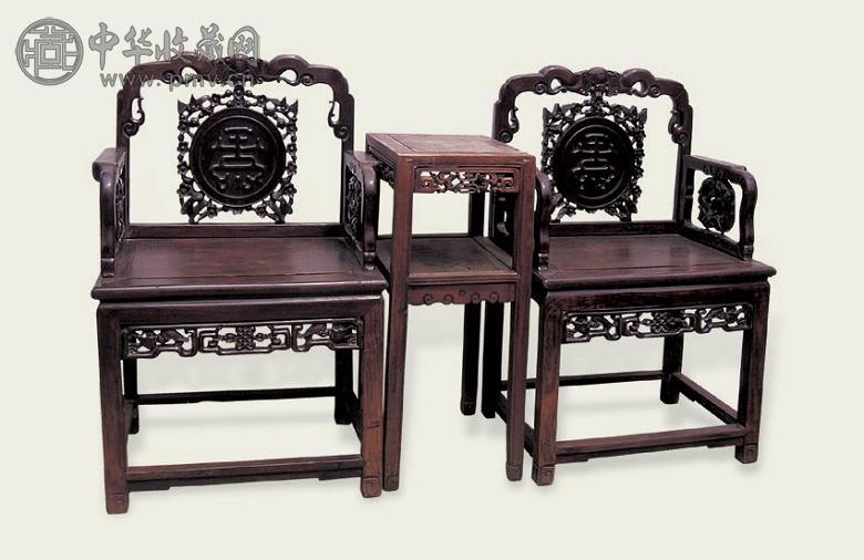 清 红木雕寿字椅(3件)