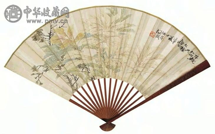任伯年 花卉并行书画法 成扇