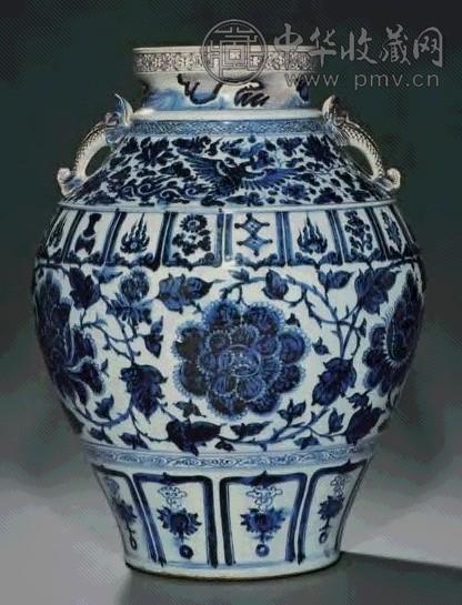 元 青花缠枝牡丹纹双鱼耳大罐