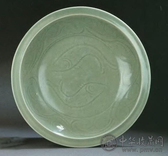 元 龙泉窑青瓷刻双鱼纹折沿大盘