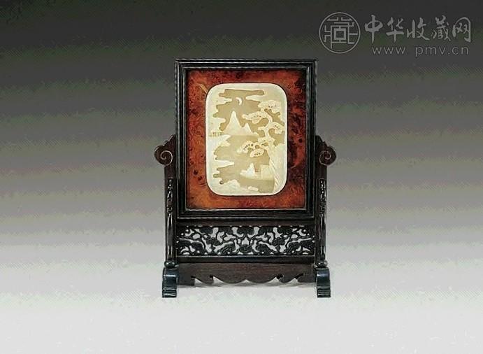 清 红木嵌白玉山水牌小砚屏