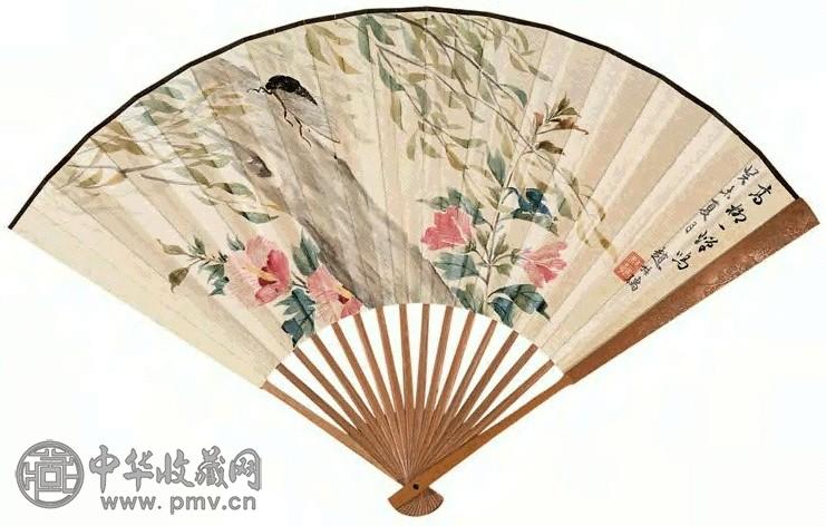 赵叔孺 高柳蝉鸣图并行书 成扇 设色纸本