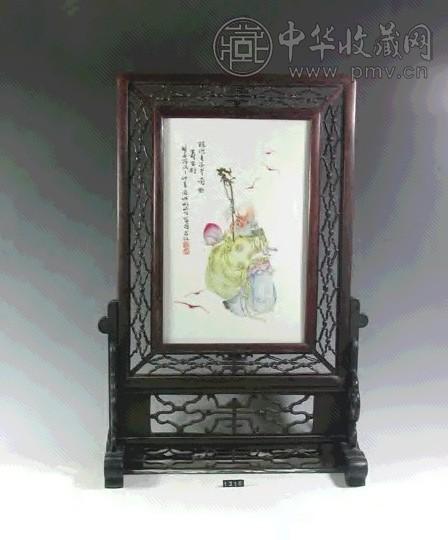 清 红木镶瓷板福寿插屏