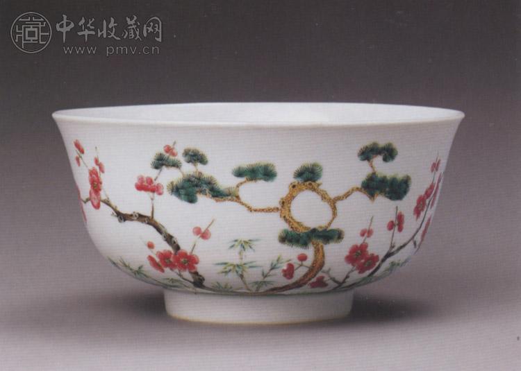 清道光 粉彩岁寒三友图碗