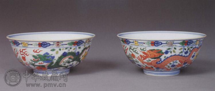 清道光 五彩龙凤纹碗(1对)