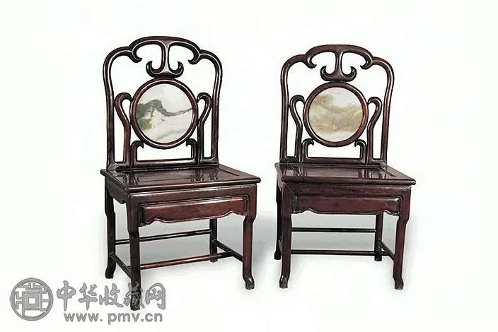 清 红木盘长镶理石单靠背椅(1对)
