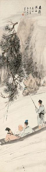 倪田 一九一零年作赤壁泛舟 立轴 设色纸本