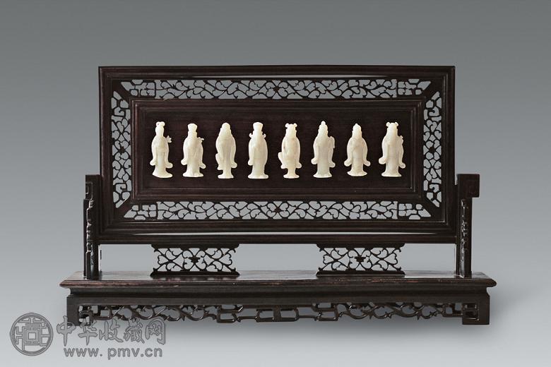 民国 紫檀镶青白玉八仙屏风