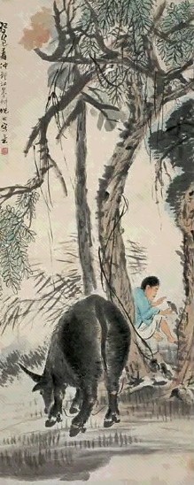 倪田 1893年作 牛娃 立轴 设色纸本