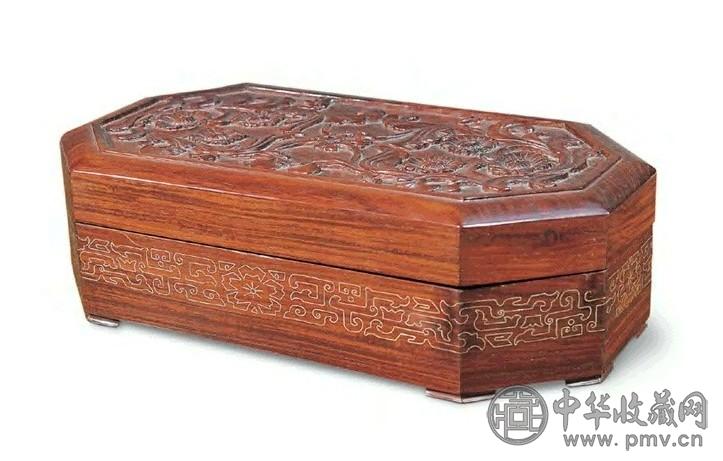 清末 红木嵌银丝刻花方盒