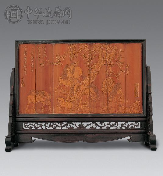 清 留青竹刻六骏图纹砚屏