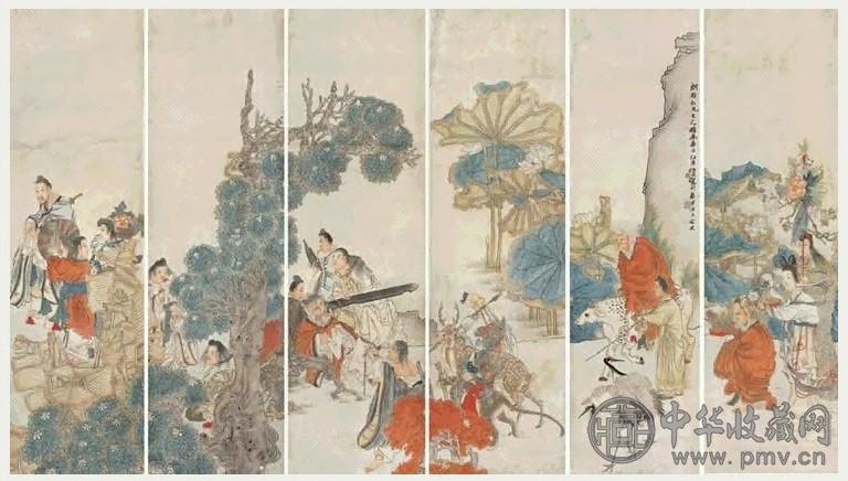 任伯年 群仙祝寿通景 六屏 设色纸本