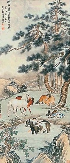 马晋 郭传璋 1942年作 浴马图 镜心 设色纸本