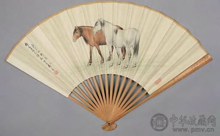 马晋 1950年作 双马图 扇面 设色纸本