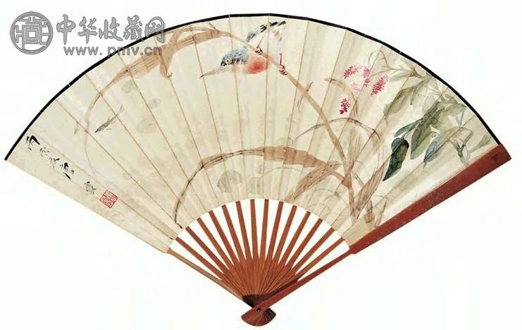 唐云 翠羽红蓼图并甲骨文 成扇