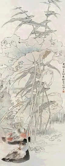 任伯年 荷花鸳鸯图 立轴 设色纸本